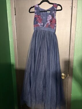 Girls Navy Blue Tulle Dress with Floral Lace Bodice